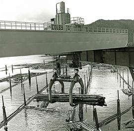 Colby 70-ton bridge crane lifting logs