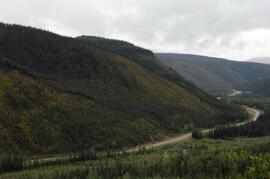 Panoramic view of north-facing slope overlooking the Tetsa River crossing of the Alaska Highway