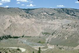 Aerial view of dry landscape and dune by Chilcotin River