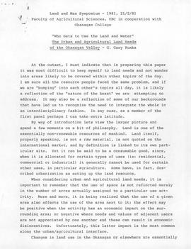 "Who Gets to Use the Land and Water? - the Urban and Agricultural Land Needs of the Okanagan Valley" speech by Gary Runka