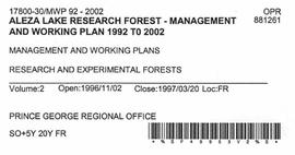 Aleza Lake Research Forest - Management and Working Plan - 1992-2002 - Volume 2