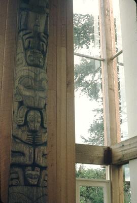 Totem pole indoors in Skidegate in the Queen Charlotte Islands