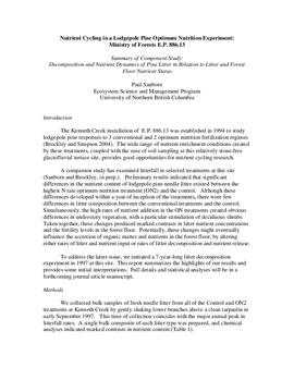 Nutrient Cycling in a Lodgepole Pine Optimum Nutrition Experiment: Ministry of Forests E.P. 886.13