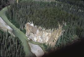 Aerial view of spruce-pine forest and cliff at Iskut River