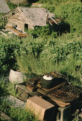 Old derilict houses and debris at Indigenous village in the Nitinat-Whyac area on the West Coast Trail