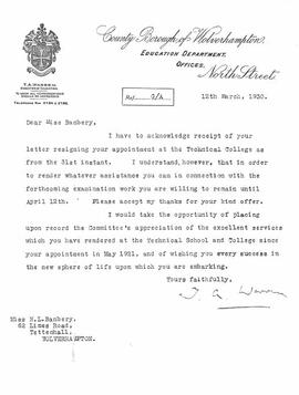 Letter from Wolverhampton Director of Education T.A. Warren to Norah Banbery