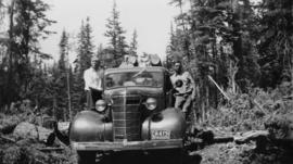 Men on 'Maple Leaf' Chevrolet truck running board while hauling raw logs