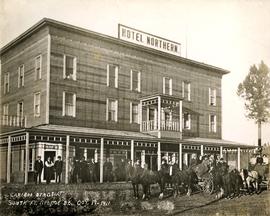 Cariboo stagecoaches in front of the Hotel Northern in South Fort George, BC