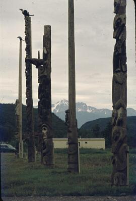 Multiple totem poles at Kitwanga