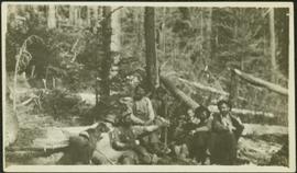 Crew Sitting on Felled Logs in Forest