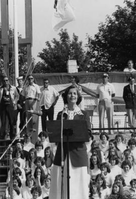 Minister Iona Campagnolo opening the 1977 Canada Summer Games in St. John's, Newfoundland
