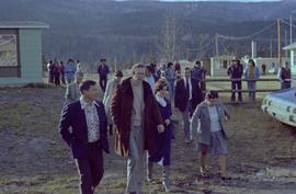 Iona Campagnolo walking with Hugh Faulkner, George Manuel, Walter Harris, and others