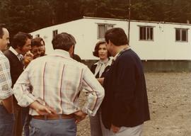 Iona Campagnolo discussing issues with workers at Frank Beban Logging camp