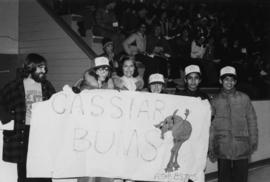 Iona Campagnolo holds a "Cassiar Bums" sign with Ken Maddson, Carol Fugere, Ghislaine B...