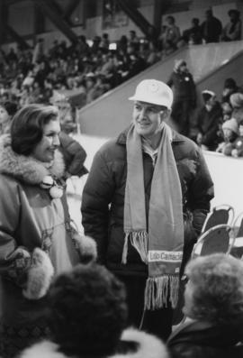 Iona Campagnolo talks with an unidentified man in the Cassiar Arena