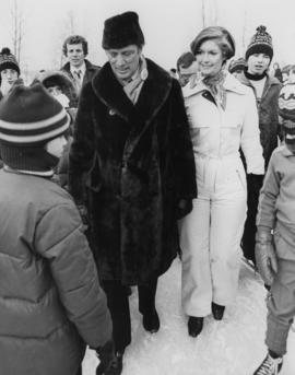 Iona Campagnolo and Pierre Trudeau at a children's speed skating event during the Northern BC Winter Games