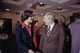 Iona Campagnolo talks with Premier Peter Lougheed at the Crest Hotel in Prince Rupert