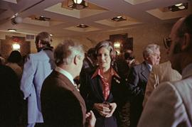Iona Campagnolo talks with Premier Peter Lougheed and unidentified men at the Crest Hotel in Prince Rupert