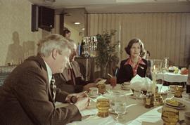 Iona Campagnolo, Premier Peter Lougheed and Mayor Peter Lester eating at the Crest Hotel in Prince Rupert