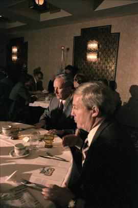 Premier Peter Lougheed and an unidentified man talk at the Crest Hotel in Prince Rupert