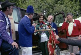 Past exhaulted ruler of Kitimat Elks presents Iona Campagnolo with handmade rafting figurines at ...