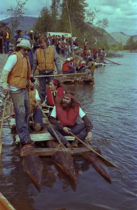 Iona Campagnolo and unidentified men starting raft race at Kitimat Delta King Days