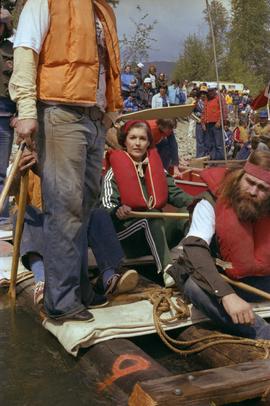 Iona Campagnolo on raft with unidentified participants at Kitimat Delta King Days