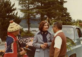 Iona Campagnolo with Gitxsan chief Ken Harris and a man wearing a button blanket at the Prince Rupert Sea Festival