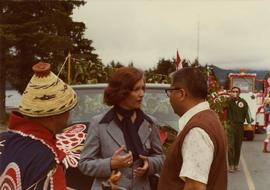 Iona Campagnolo with Gitxsan chief Ken Harris and a man wearing a button blanket at the Prince Rupert Sea Festival