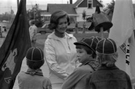 Iona Campagnolo greets Boy Scouts at the Bulkley Valley Exhibition