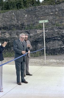 Iona Campagnolo, Joe Scott, and man at opening ceremony for Scott Road Highway opening in Prince Rupert