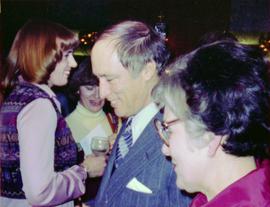 Prime Minister Pierre Trudeau with crowd at Northern BC Winter Games event in Prince George