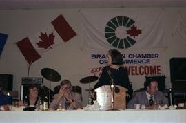Iona Campagnolo at microphone at the kick-off for the 1979 Canada Winter Games in Brandon Manitoba