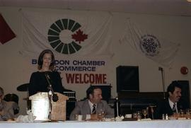 Iona Campagnolo at microphone at the kick-off for the 1979 Canada Winter Games in Brandon Manitoba