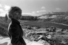 Iona Campagnolo with flooded Bulkley River by Moricetown in background