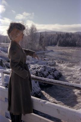 Iona Campagnolo surveying flooded Bulkley River from bridge near Moricetown