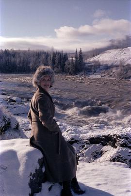 Iona Campagnolo on banks of flooded Bulkley River near Moricetown