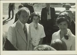 Pierre Trudeau, Margaret Trudeau, and Iona Campagnolo smile at a group in front of them