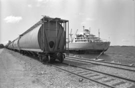 Docked ship “Aegean Sea” and CN grain car in Prince Rupert