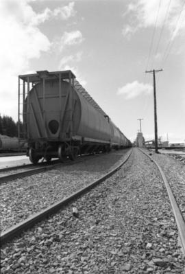 CN grain car on railroad tracks in Prince Rupert
