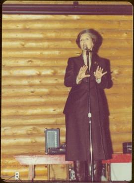 Iona Campagnolo speaks during Tour to bring television access from Yukon to Atlin, 1977
