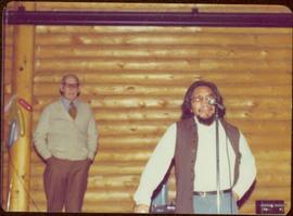 Unidentified man speaks during Tour to bring television access from Yukon to Atlin, 1977