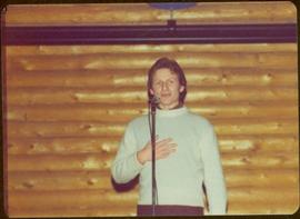 Peter Jones speaks speaks during tour to bring television access from Yukon to Atlin, 1977