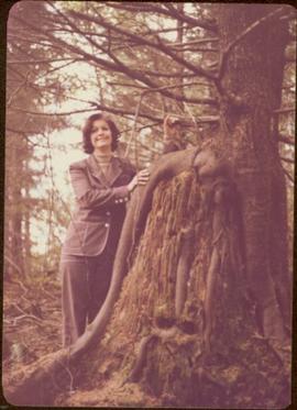 Minister Iona Campagnolo poses beside tree growing from decaying stump, Queen Charlotte City, BC