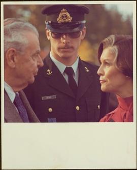 Close View of Former Prime Minister John Diefenbaker, Naval Officer Savage, and Minister Iona Campagnolo, Fall 1977