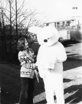 Iona Campagnolo with CHTK Radio’s Wonder Bunny, possibly Ed Jurak, in Prince Rupert