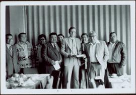 Group shot of Hugh Faulkner and the unidentified Kitamaat Band Council at a land claims presentation