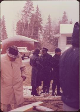 Raising of Eli Gosnell’s Pole, New Aiyansh, November 1978 - Iona Campagnolo speaks with police of...