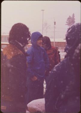 Raising of Eli Gosnell’s Pole, New Aiyansh, November 1978 - Several unidentified people looking on