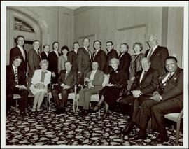Iona Campagnolo posing with three unidentified women and fifteen unidentified men, Toronto, ON